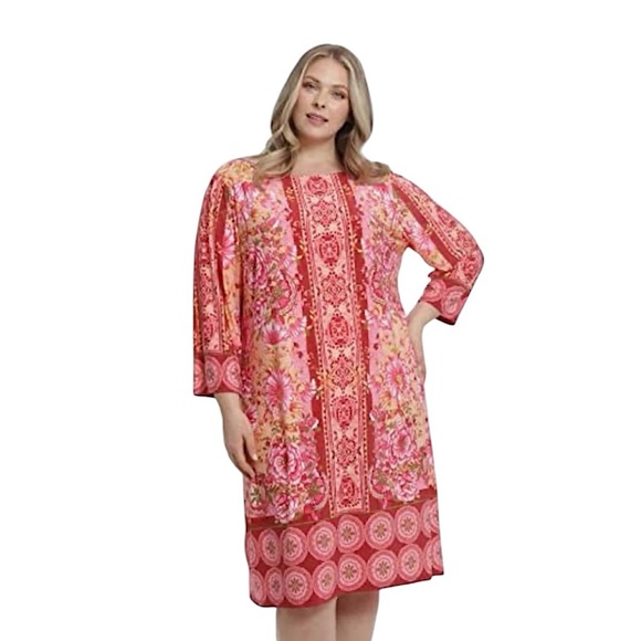 NWT London Times Women's 3/4 Sleeve Shift Printed Bohemian Dress - Picture 1 of 11